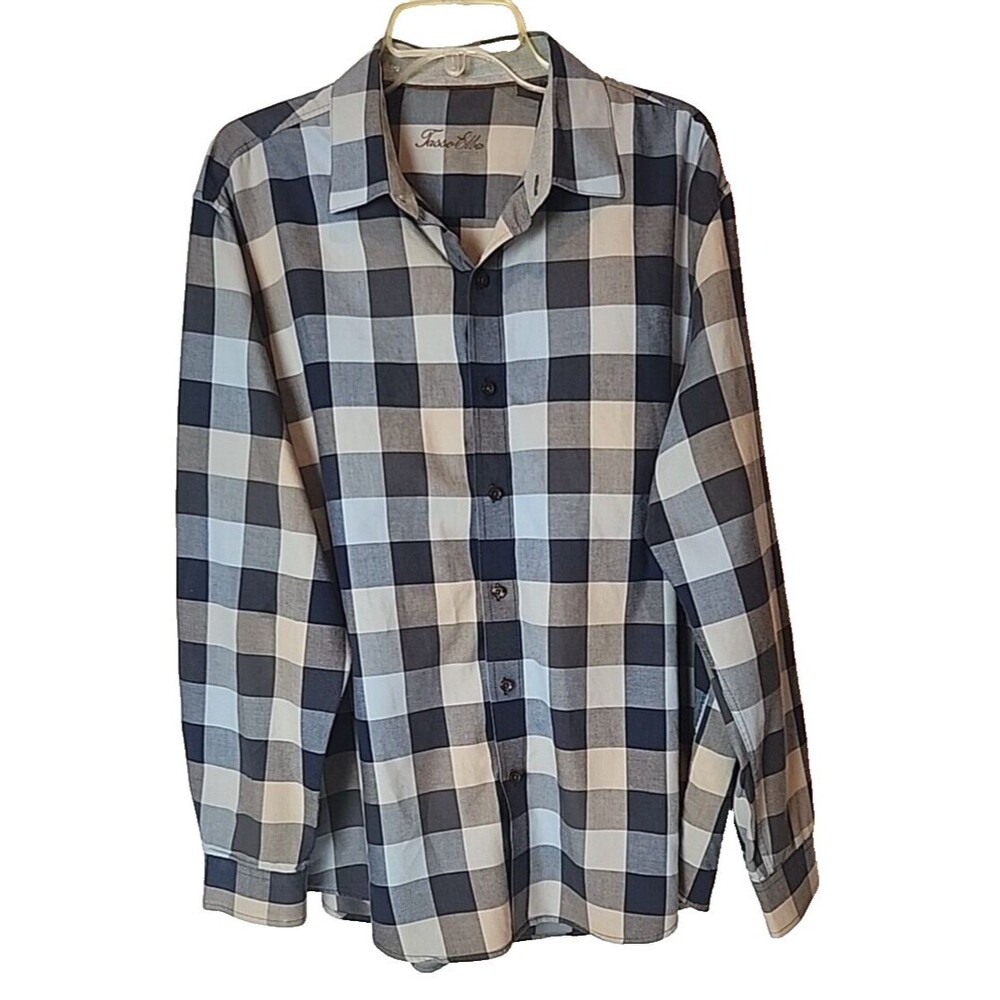 Tasso Elba Mens Blue Cream Plaid Button Down Long Sleeve Shirt Size XL 1…